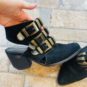 N.Y.L.A. Black suede and bronze buckle cut out booties size 7